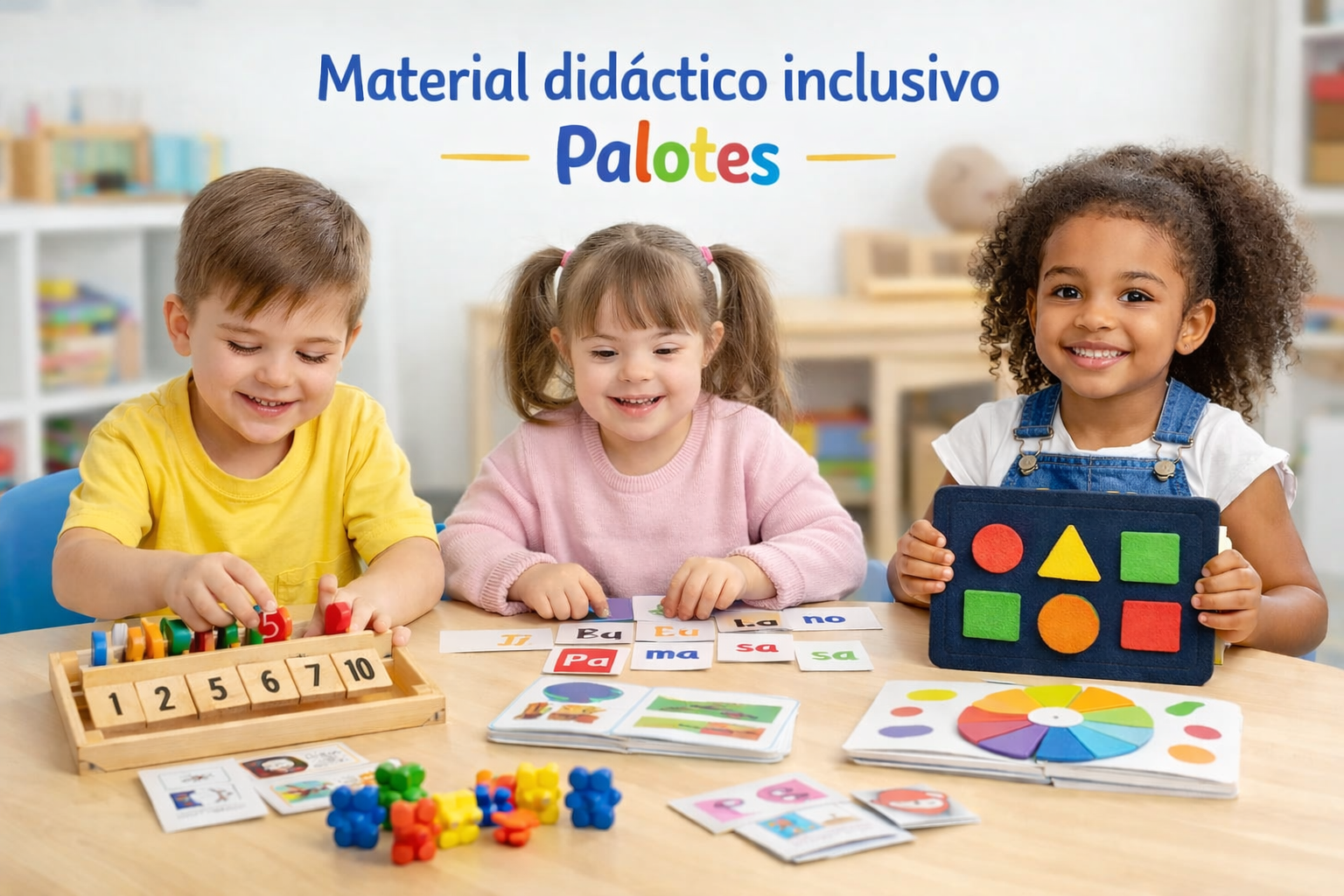“Niños y niñas aprendiendo matemáticas con material manipulativo en una mesa de trabajo.”