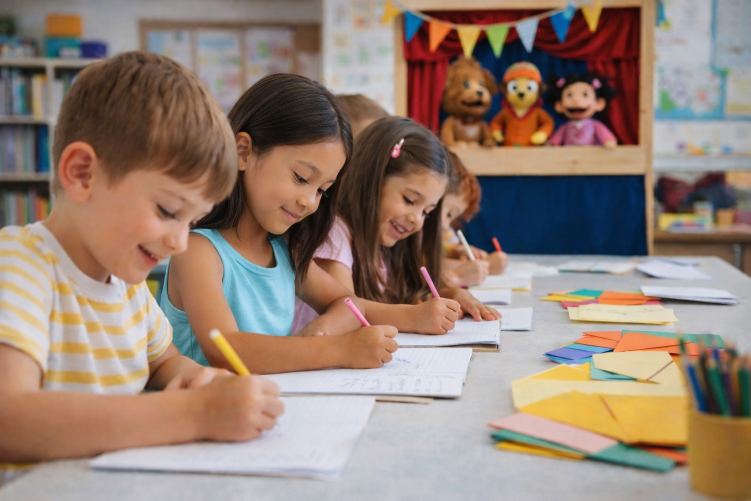 “Niños y niñas escribiendo con lápiz y papel en un taller educativo con títeres al fondo.”