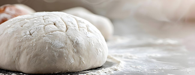 Masa de pan artesanal en fermentación, formada a mano sobre superficie enharinada, reflejando el proceso tradicional de la panadería artesanal.