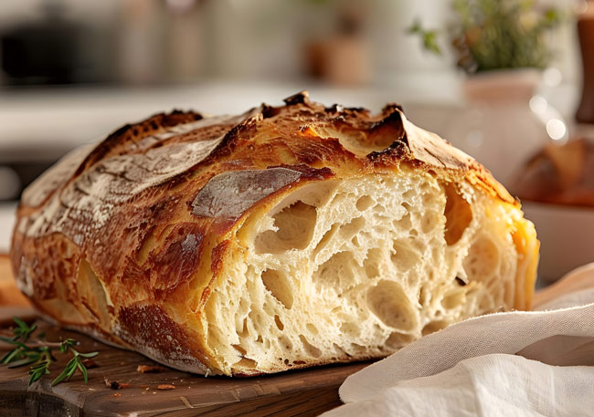 Hogaza artesanal de masa madre abierta, con corteza crujiente y miga aireada que evidencia un horneado y fermentación cuidadosos.