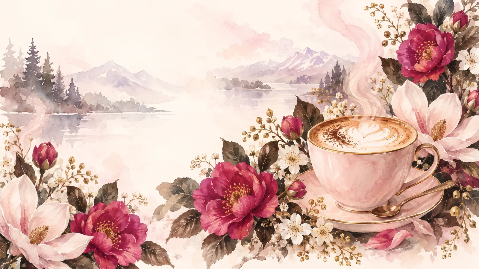 Acuarela de una taza de café con arte latte entre camelias, frente al lago y los volcanes del sur