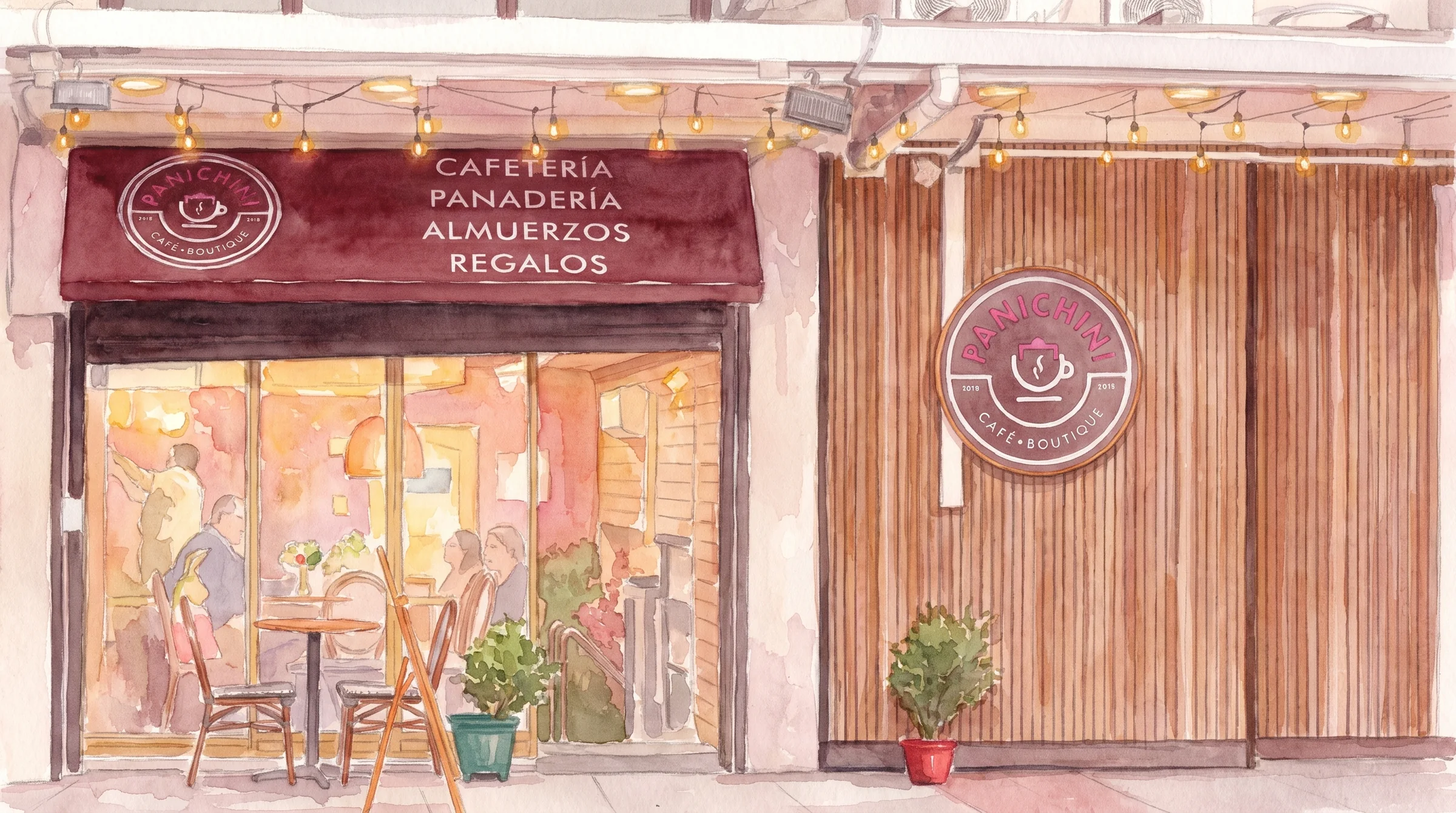 La misma fachada pintada en acuarela