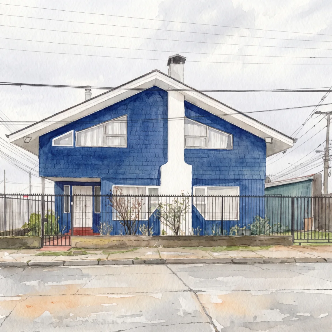La misma fachada pintada en acuarela