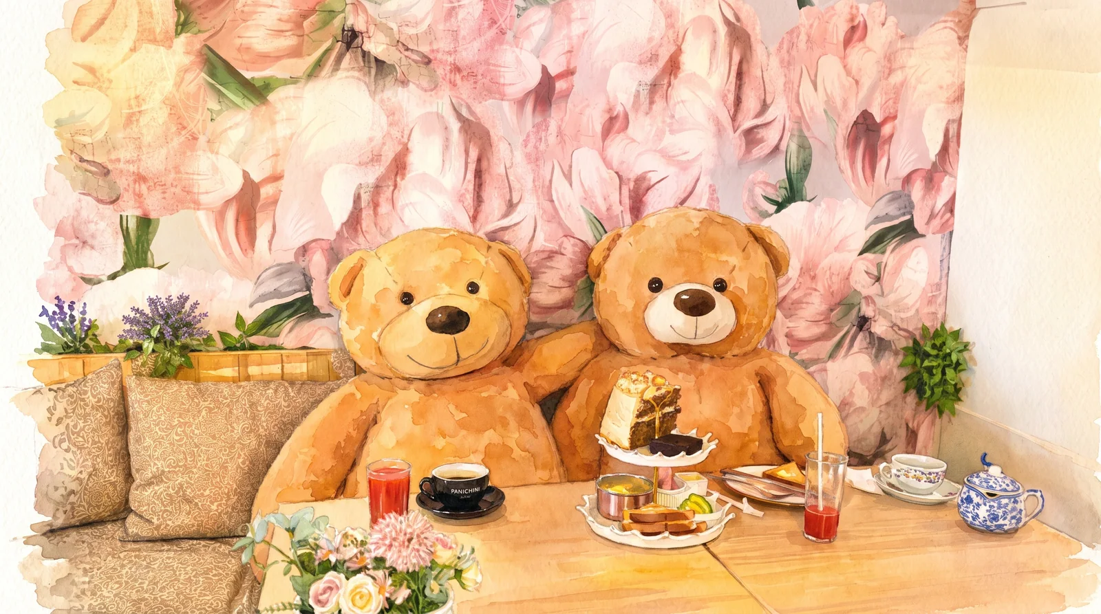 Acuarela del salón del Lounge: dos ositos gigantes sentados a la mesa frente al mural de peonías, con torta, café y flores