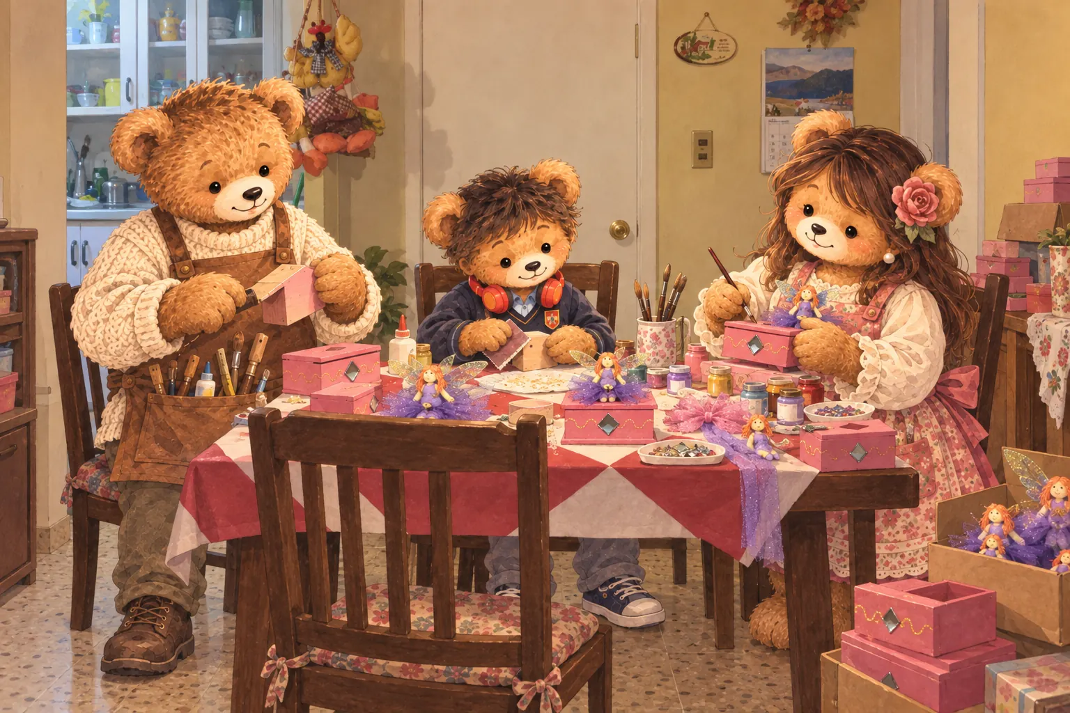 Papá arma cajas, mamá las decora con hadas y el hijo ayuda en la mesa del departamento.