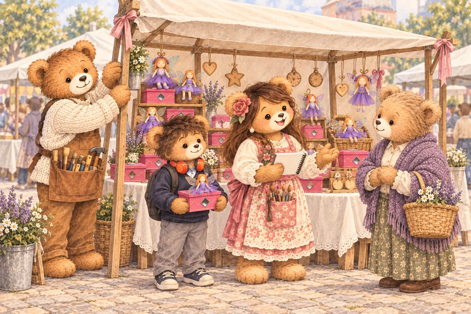 La familia presenta sus cajas con hadas en una feria artesanal y conversa con una clienta.
