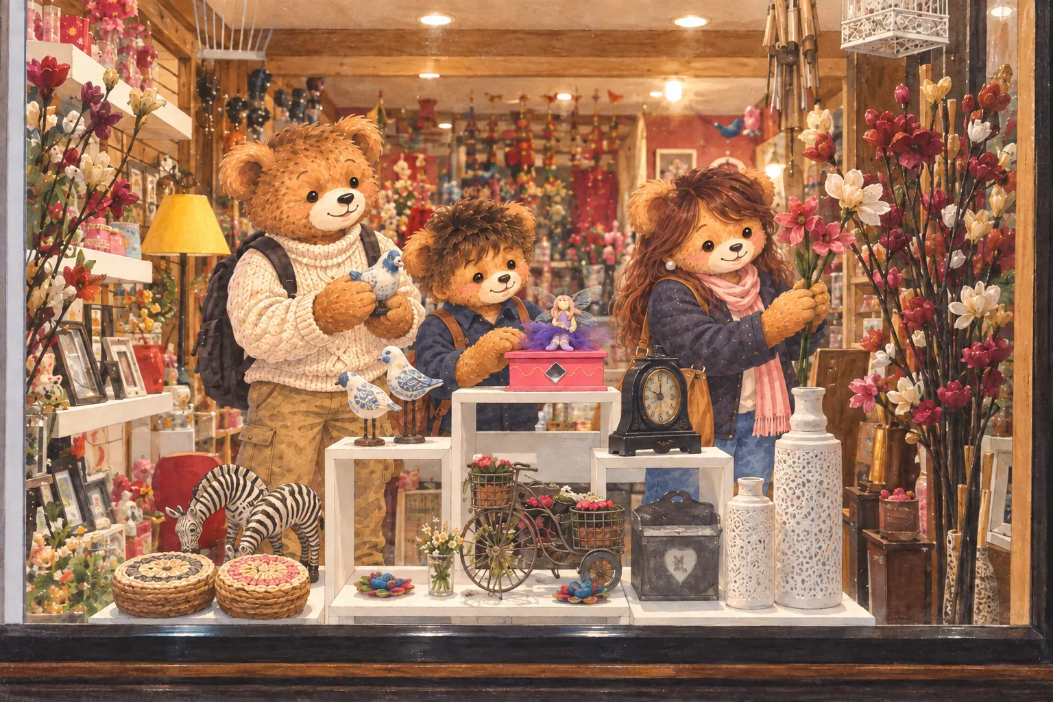 La familia organiza una vitrina de Espacio con flores, relojes, cerámicas y artesanía.