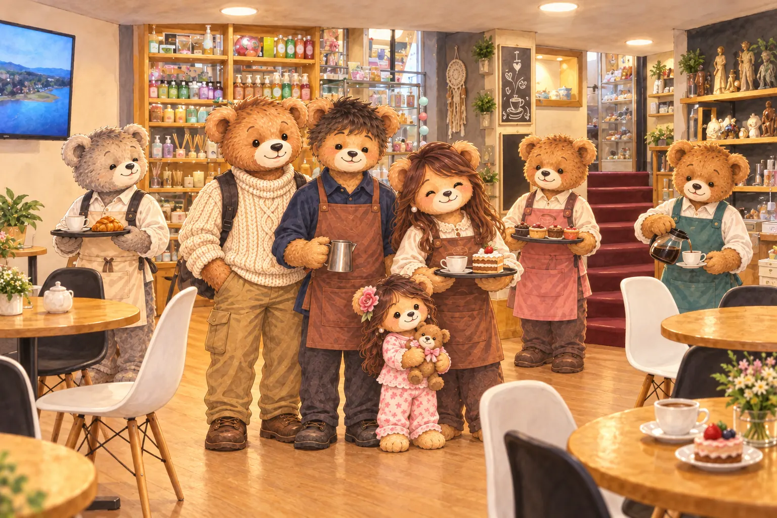 La familia y tres integrantes del equipo reciben a los primeros visitantes del Café Boutique.