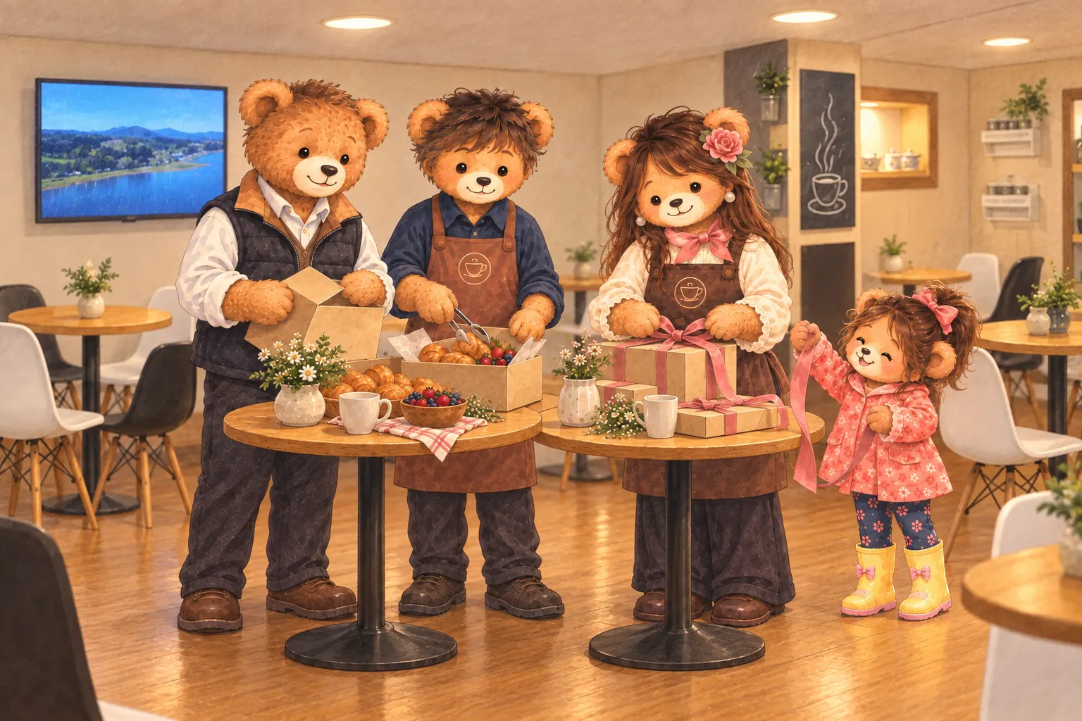La familia prepara cajas de desayuno con cintas rosadas sobre las mesas del café.