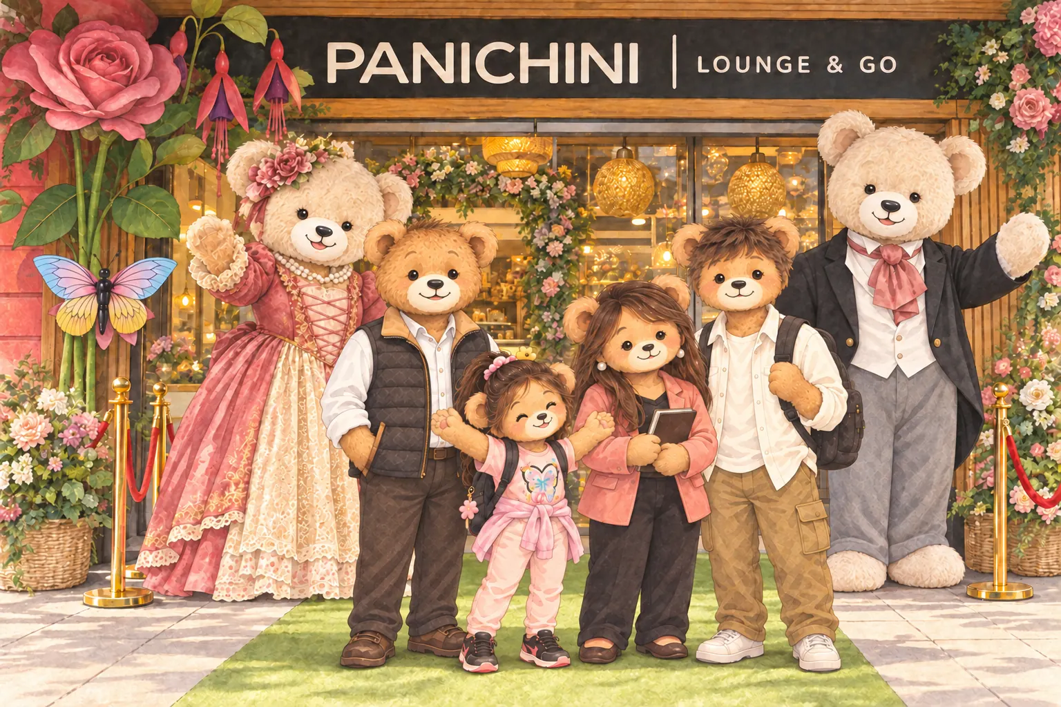 La familia frente a Lounge & Go, acompañada por sus dos grandes osos decorativos.