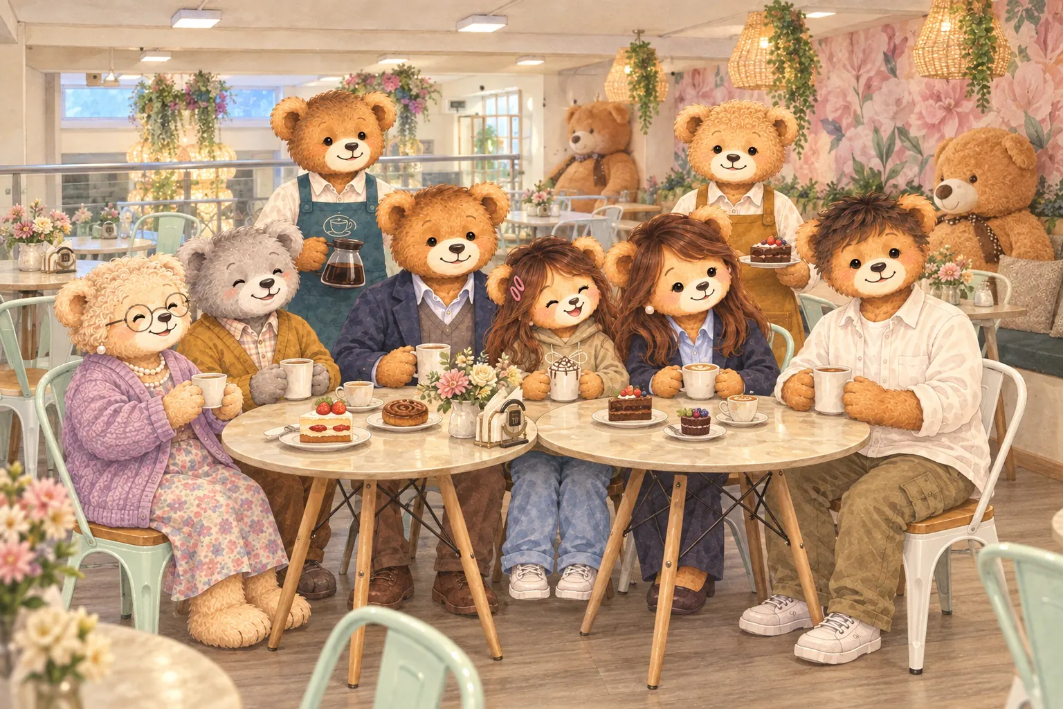 La familia, el equipo y una pareja de clientes mayores comparten café en el salón Lounge.