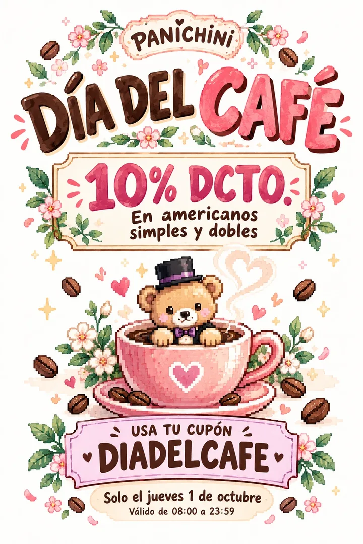 Panichini · Día del Café: 10% de descuento en americanos simples y dobles con el cupón DIADELCAFE. Solo el jueves 1 de octubre, de 08:00 a 23:59.