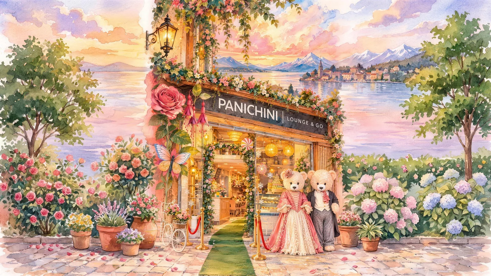 Acuarela de Panichini Lounge & Go: el local con sus dos ositos de gala, la rosa y la mariposa gigantes, entre rosales y hortensias frente al lago al atardecer