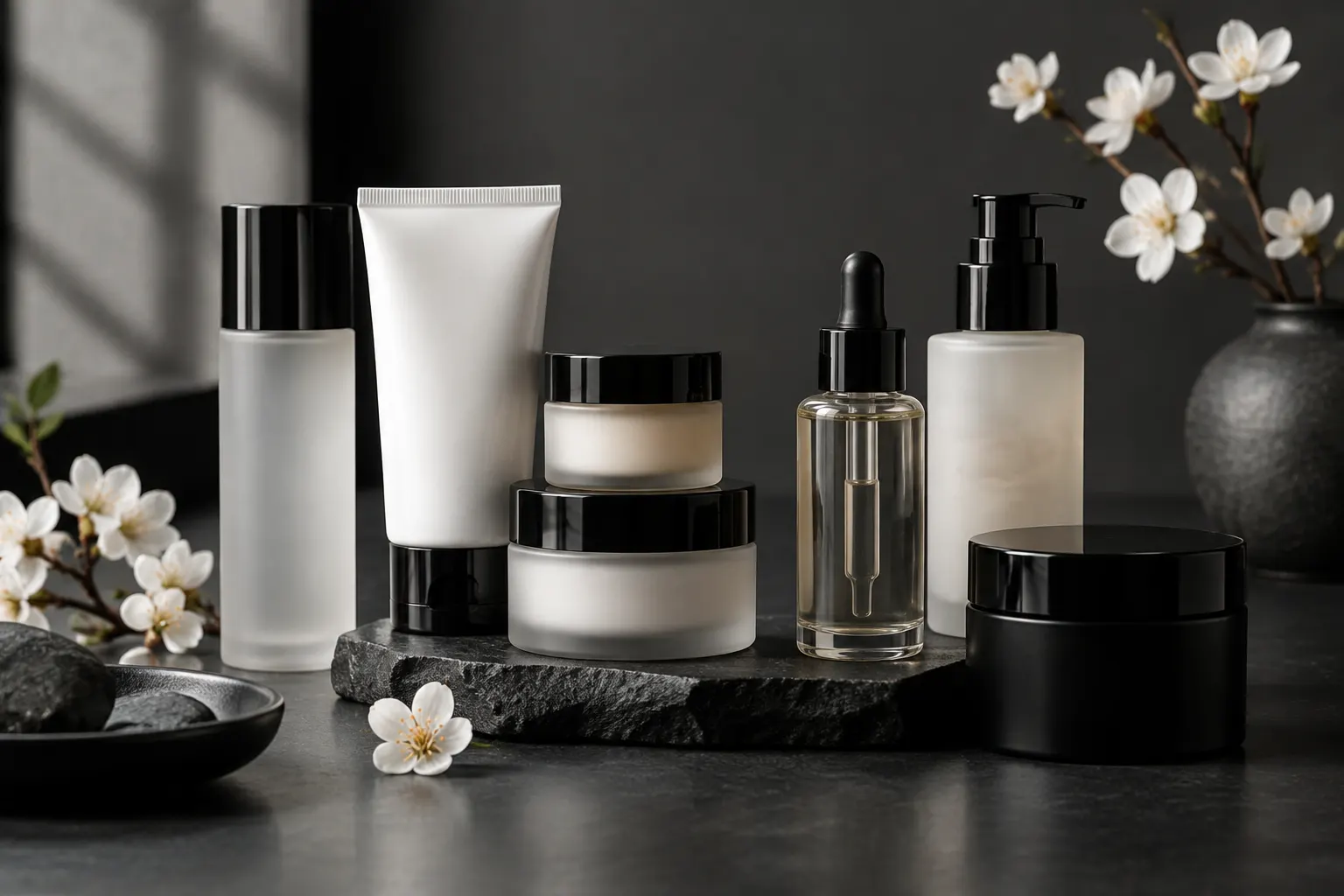 Uma seleção cuidada de produtos de beleza coreana, com embalagens elegantes e tons suaves.