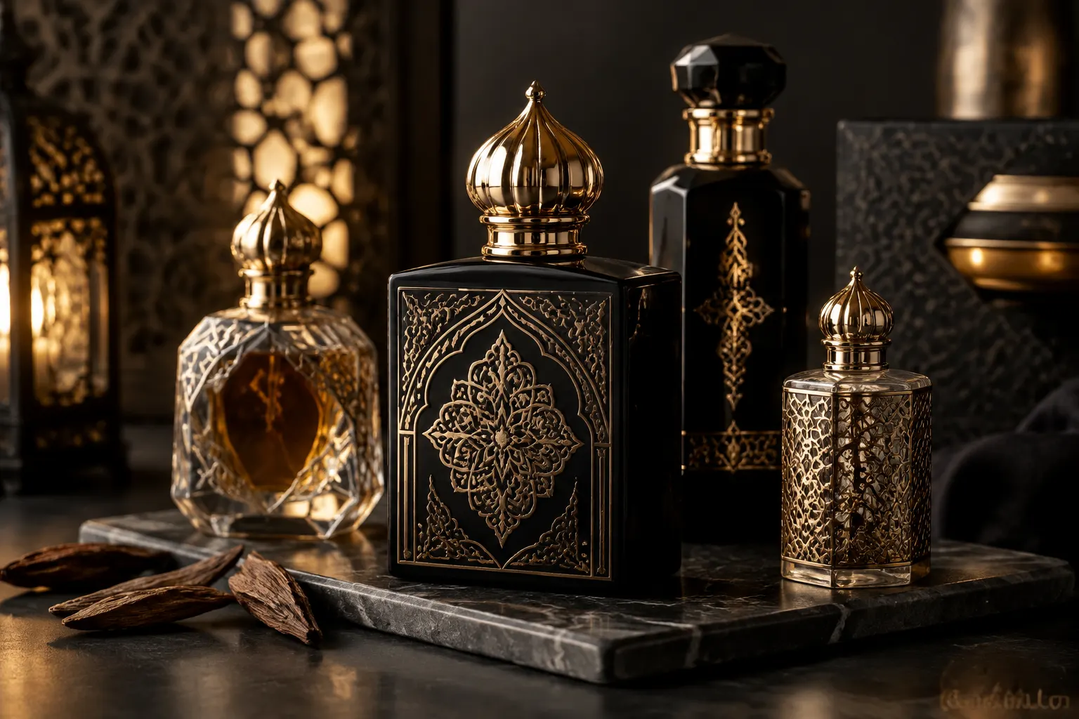Uma composição elegante de frascos de perfume árabe, com detalhes ornamentais e luz quente.