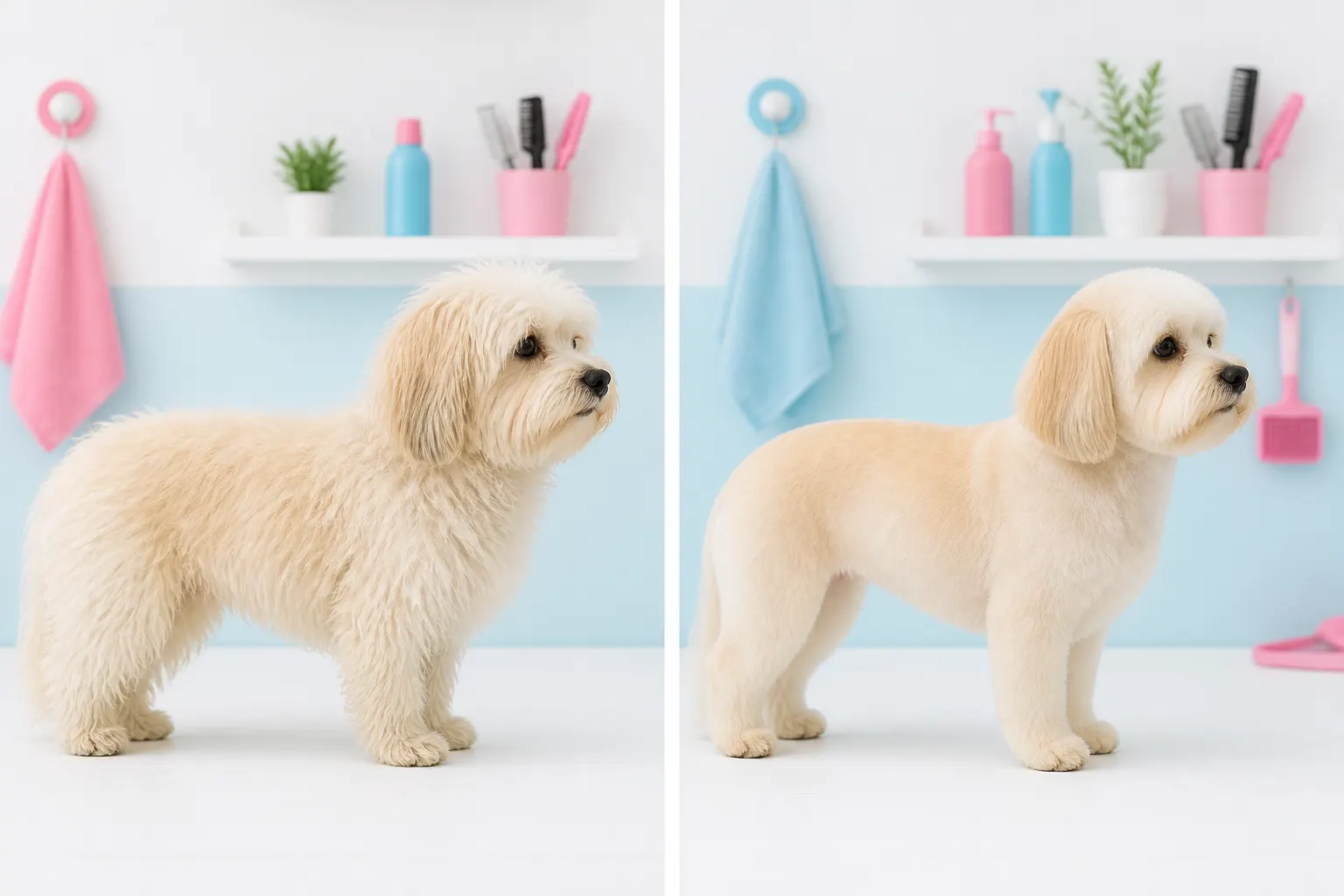 Mismo perro pequeño de pelo claro mostrado antes y después del grooming, en encuadres idénticos.