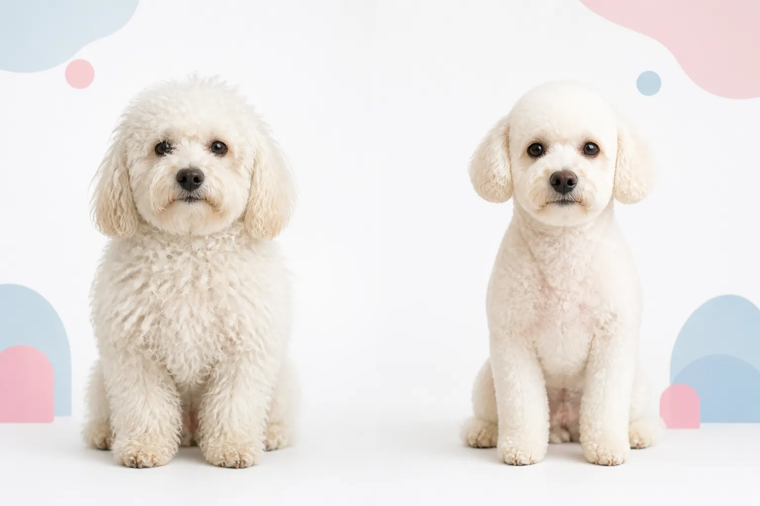 Mismo perro de pelo rizado mostrado en dos momentos del cuidado, antes y después, con encuadres coincidentes.