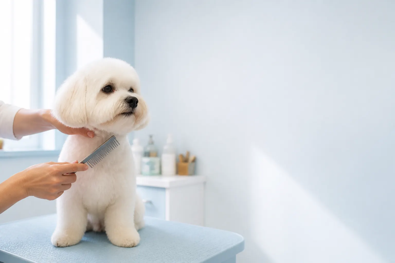 Perro tranquilo durante una sesión de grooming, acompañado por las manos cuidadosas de una profesional sin rostro visible.