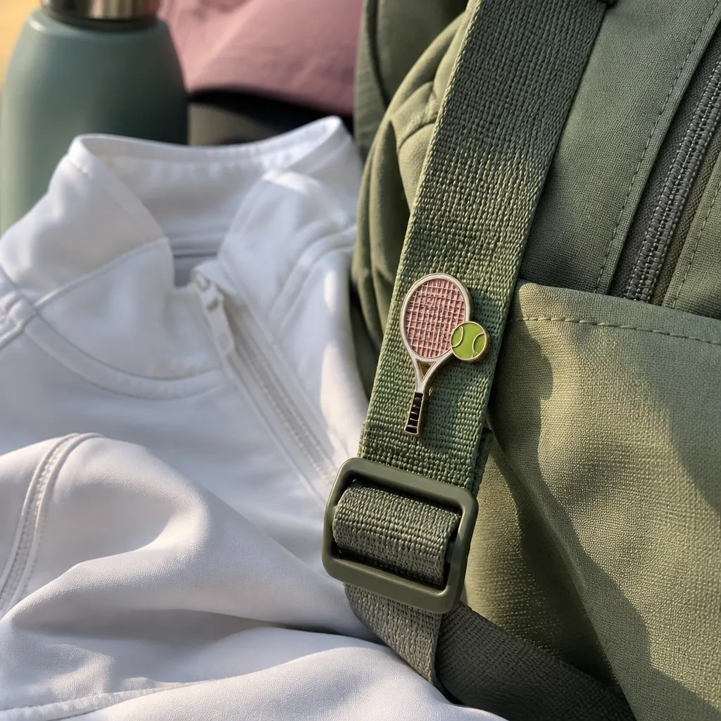 Un pin deportivo sencillo sujeto a la correa de una mochila verde.