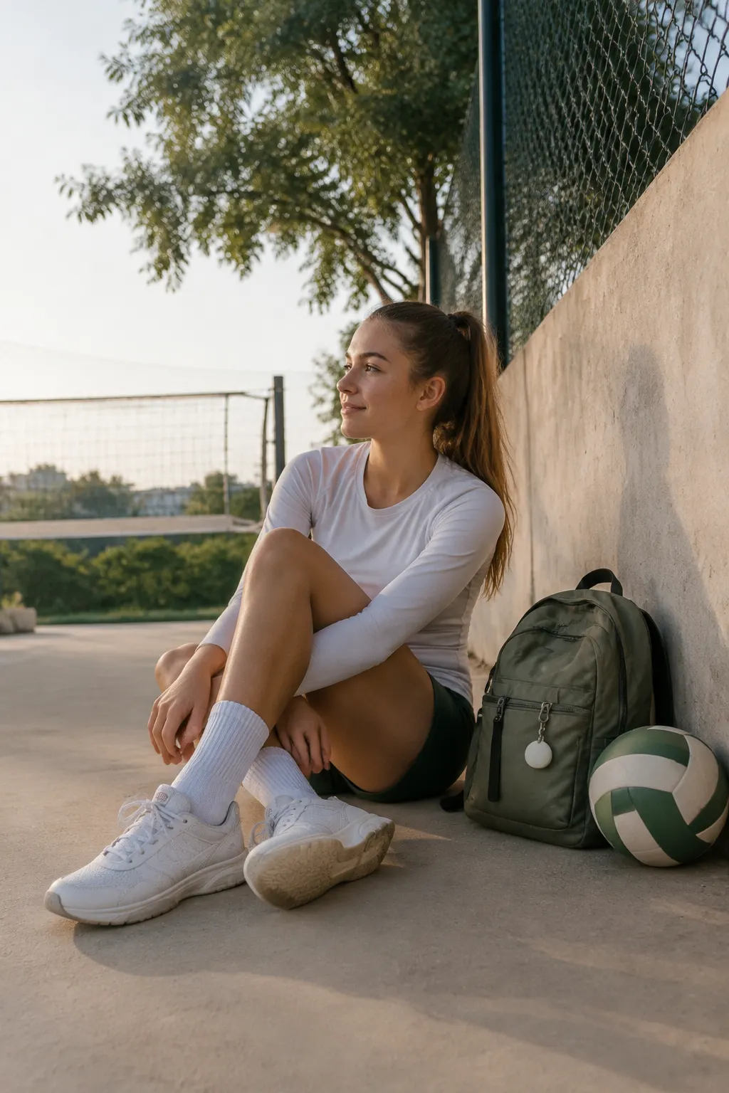 Una jugadora de vóleibol descansa junto a su mochila y un balón.