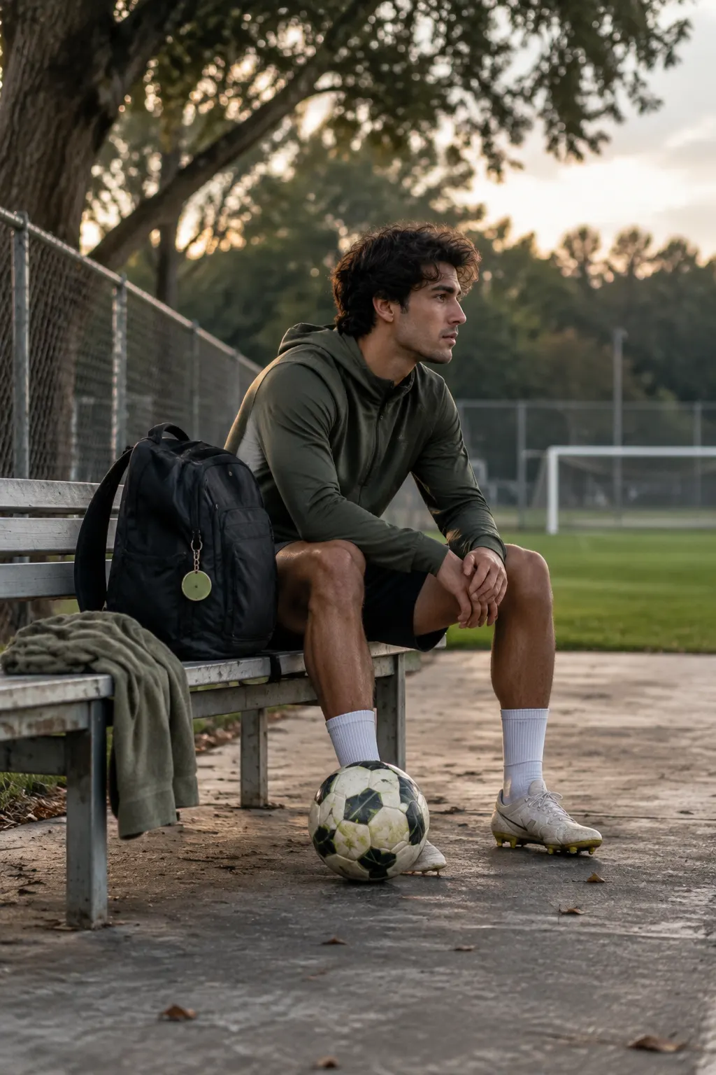 Un jugador de fútbol descansa en una banca junto a su balón y mochila.
