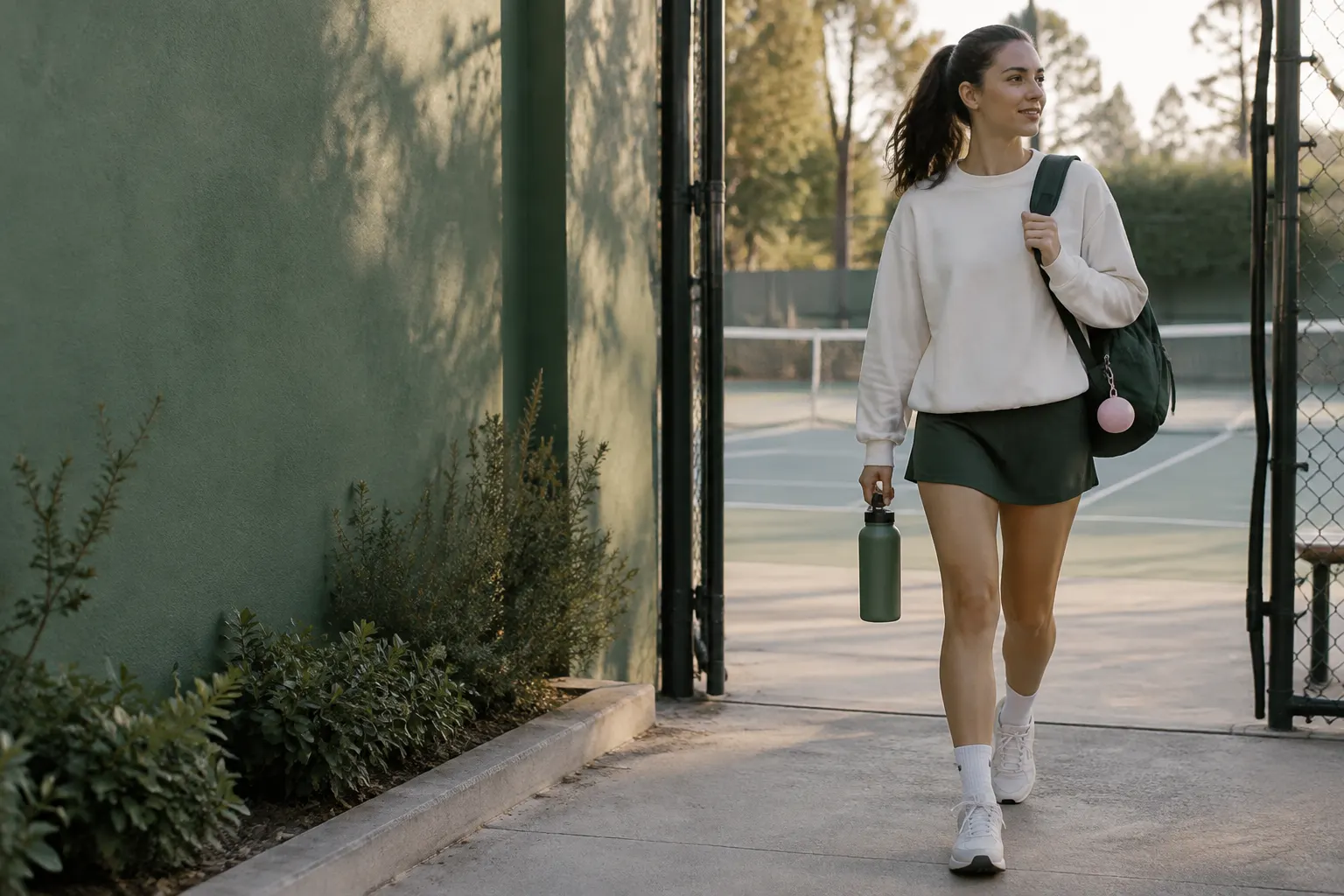 Un joven deportista con mochila se aleja de una cancha al aire libre.