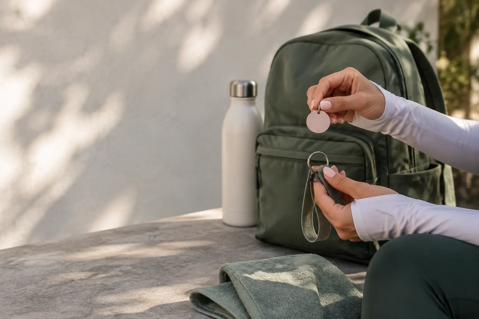 Manos combinan un charm sencillo y un llavero junto a una mochila verde.