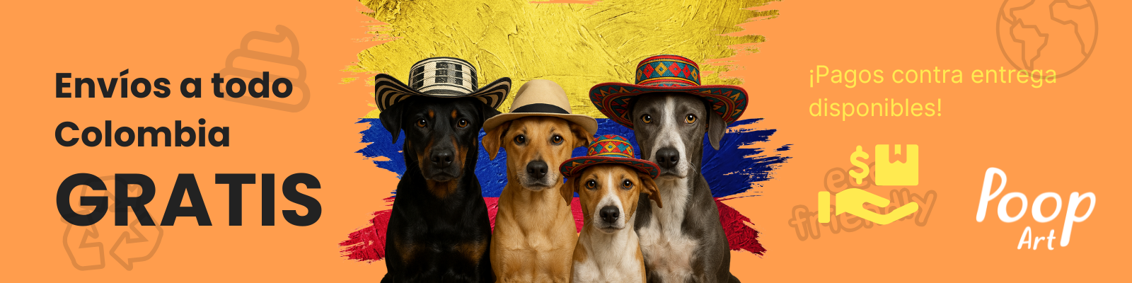 Imagen promocional de Poop Art con perros usando sombreros típicos colombianos frente a la bandera de Colombia. Mensaje de envíos gratis a todo Colombia y pagos contra entrega disponibles. Marca especializada en bolsas biodegradables para perros y productos sostenibles. Fondo naranja con íconos ecológicos