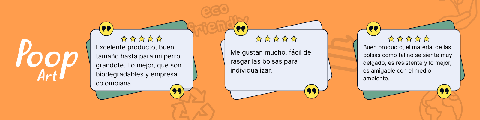 Testimonios de clientes satisfechos con bolsas biodegradables para perros de Poop Art. Opiniones positivas sobre tamaño grande, facilidad de uso y material resistente ecológico. Fondo color naranja con iconos de reciclaje y texto eco-friendly. Producto colombiano sostenible para mascotas