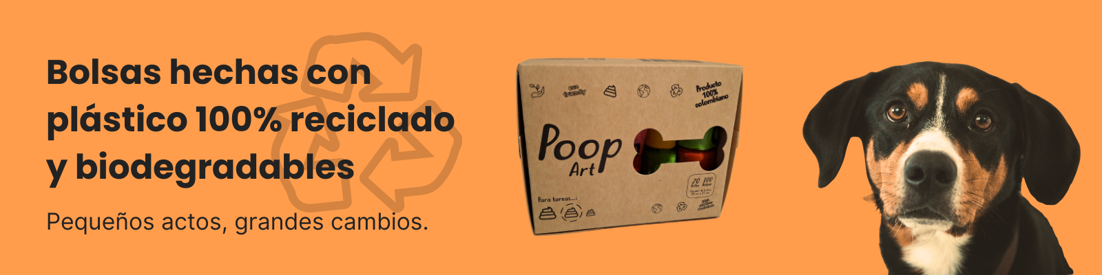 Bolsas biodegradables para perros hechas con plástico 100% reciclado de Poop Art, empaque ecológico color kraft, perro con mirada tierna y fondo naranja. Bolsas compostables y sostenibles ideales para recoger heces de mascotas. Compra productos amigables con el medio ambiente en PoopArt.co