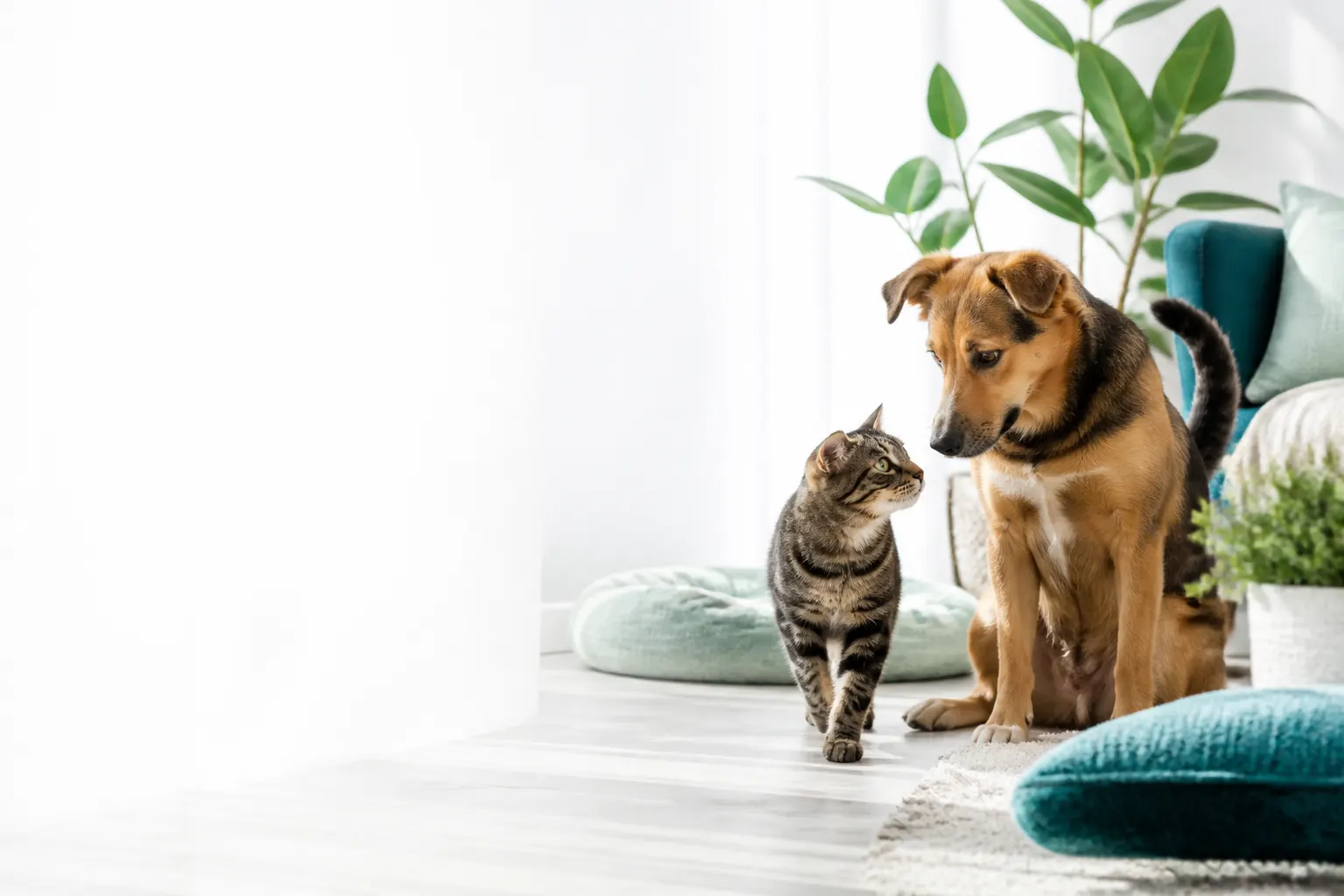 Cão e gato curiosos juntos numa sala iluminada por luz natural.