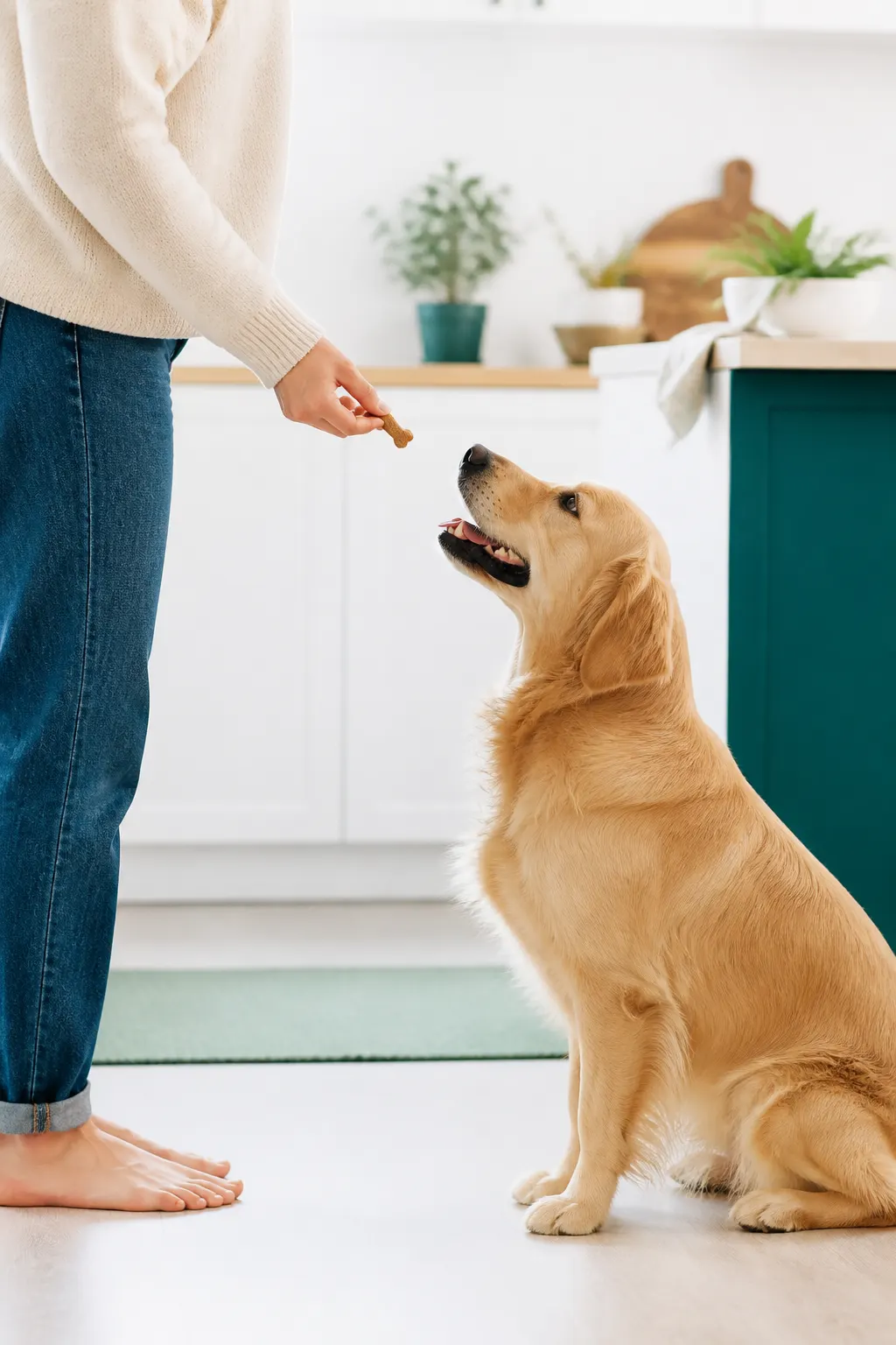 Pessoa oferece uma guloseima a um cão dourado numa cozinha luminosa.