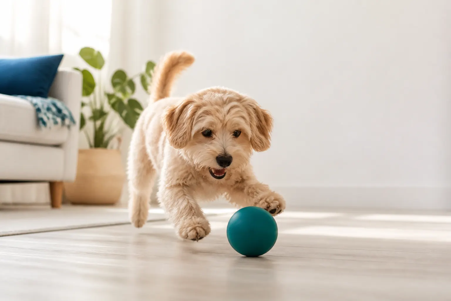 Cão pequeno brinca com uma bola azul-petróleo numa sala clara.