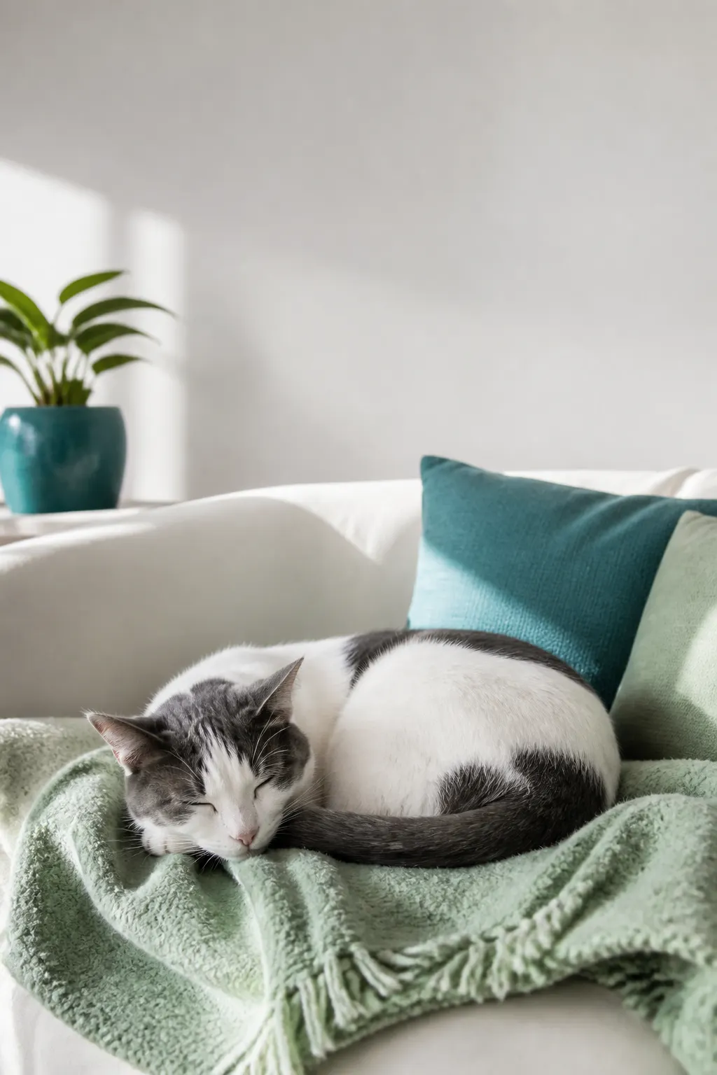 Gato branco e cinzento descansa enrolado numa manta verde suave.