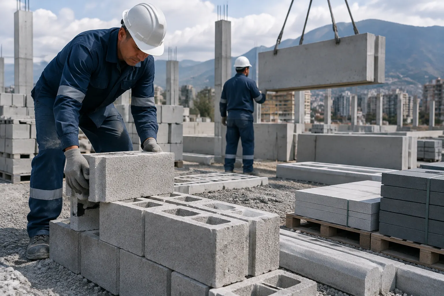 Escena realista de fabricación o instalación de prefabricados de concreto en un entorno de obra, con piezas visibles y luz...