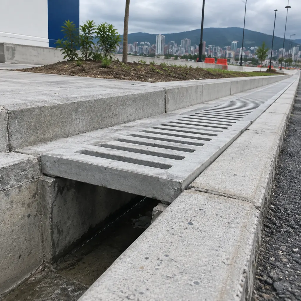 Rejilla prefabricada de concreto instalada sobre un canal de drenaje.