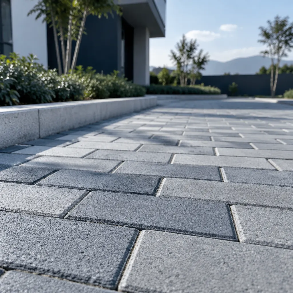 Fotografía de adoquines de concreto instalados en un pavimento exterior.