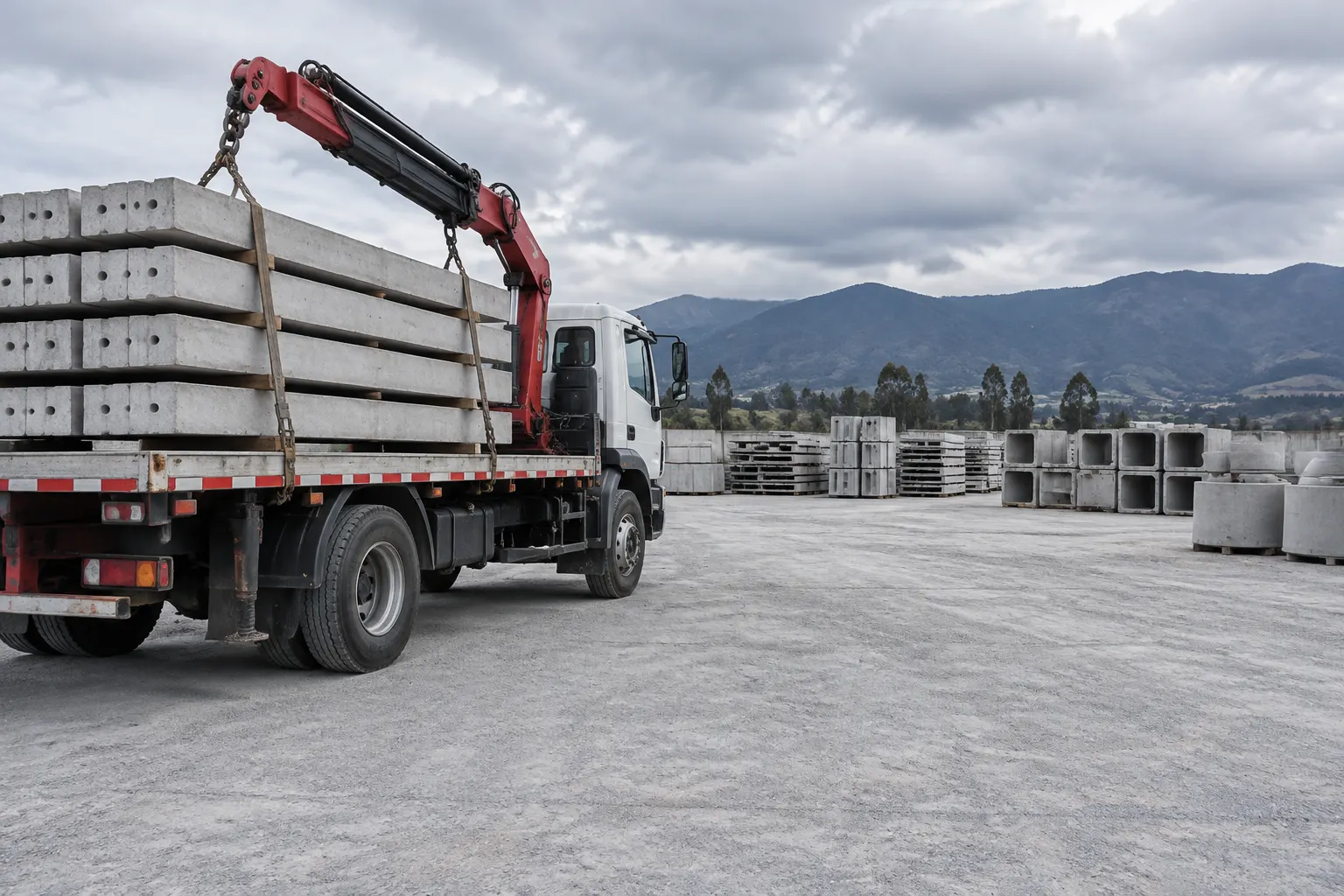 Camión sencillo junto a una carga apilada de prefabricados de concreto.