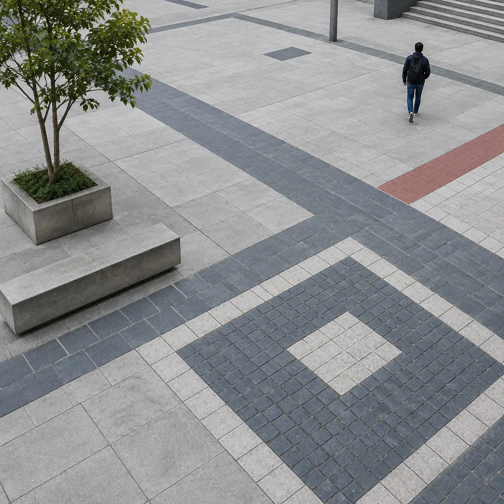Losetas y adoquines de concreto forman un pavimento peatonal en una plaza.