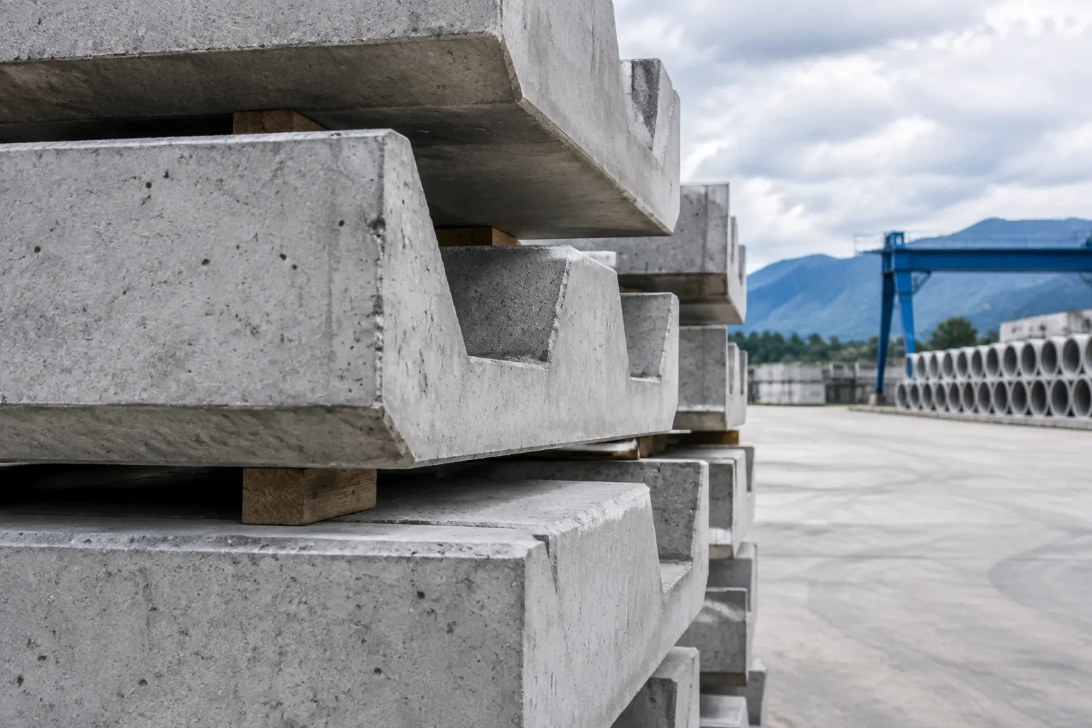 Piezas prefabricadas de concreto apiladas que muestran su textura y cantos.