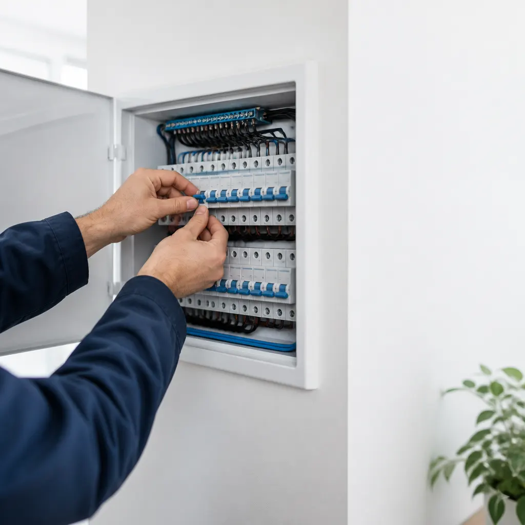 Técnico revisa un tablero eléctrico doméstico ordenado durante una evaluación preventiva.
