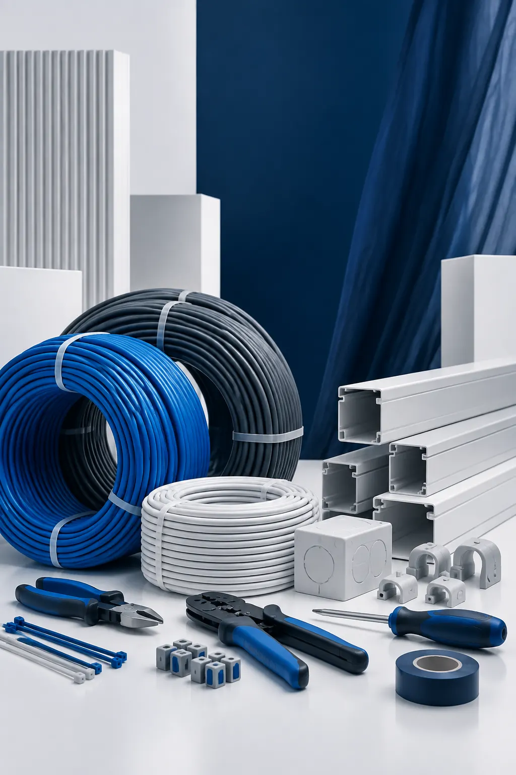 Cables, canaletas y herramientas de instalación organizados con precisión sobre una superficie blanca.