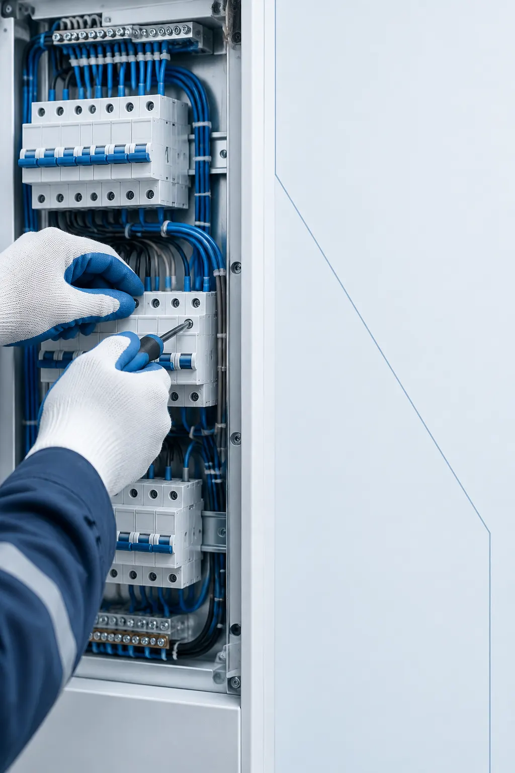 Manos enguantadas revisan conexiones ordenadas dentro de un tablero eléctrico abierto.