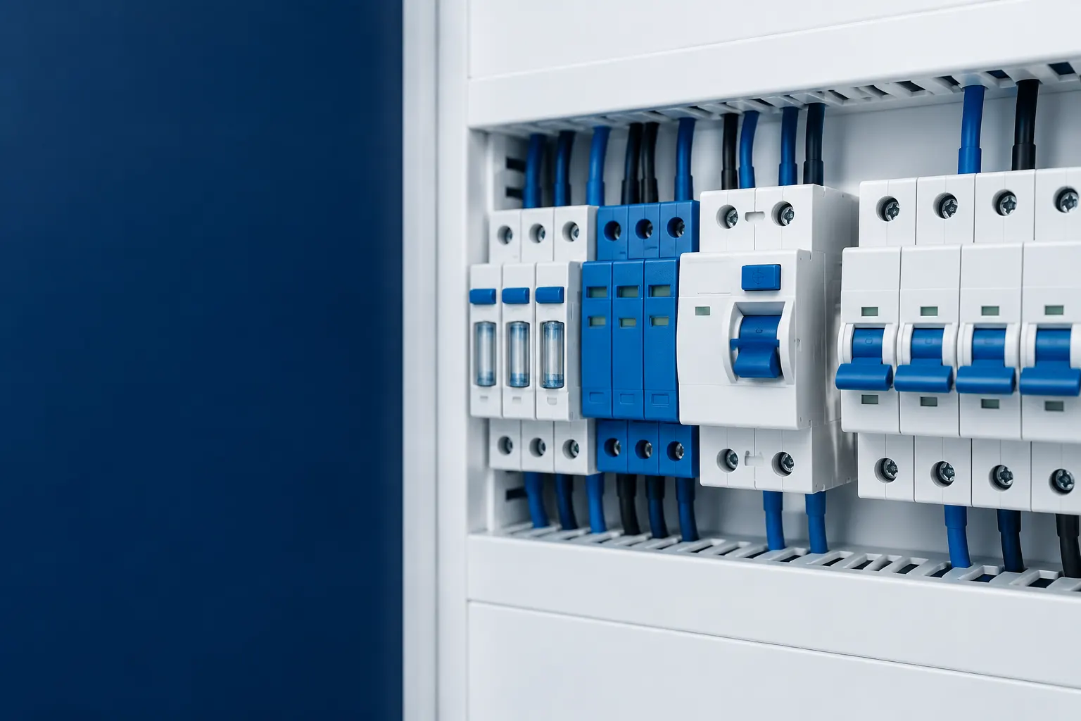 Interruptores modulares y dispositivos de protección alineados en un tablero eléctrico blanco.