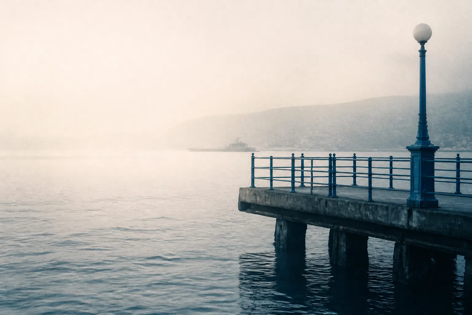 Baranda metálica y muelle de Valparaíso perdiéndose entre la niebla costera.