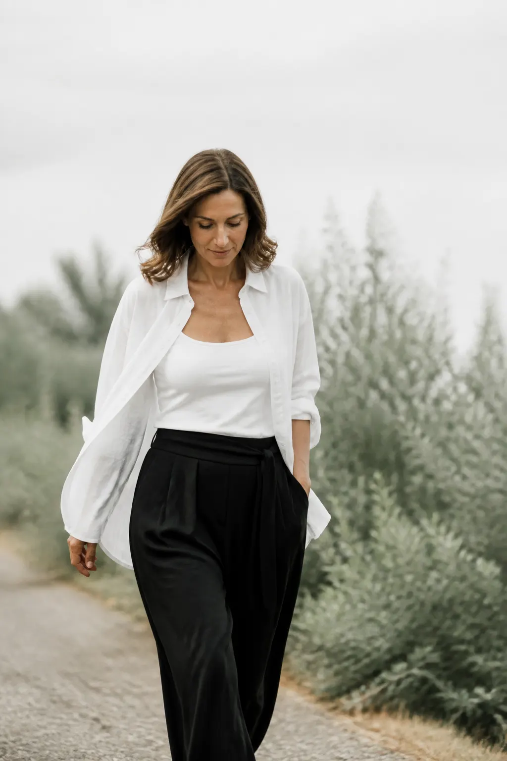 Mulher em roupa activewear branca e preta caminhando junto a vegetação tranquila.
