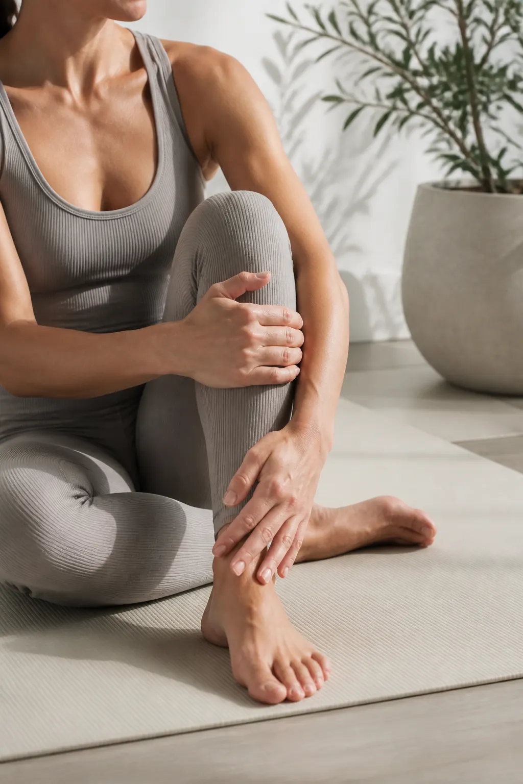 Detalhe vertical de uma mulher em roupa cinzento-pedra praticando pilates num estúdio claro.