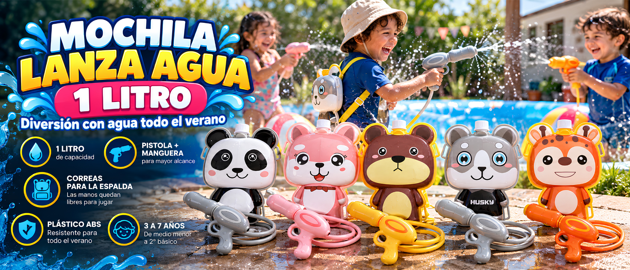 Mochila lanza agua animales niños