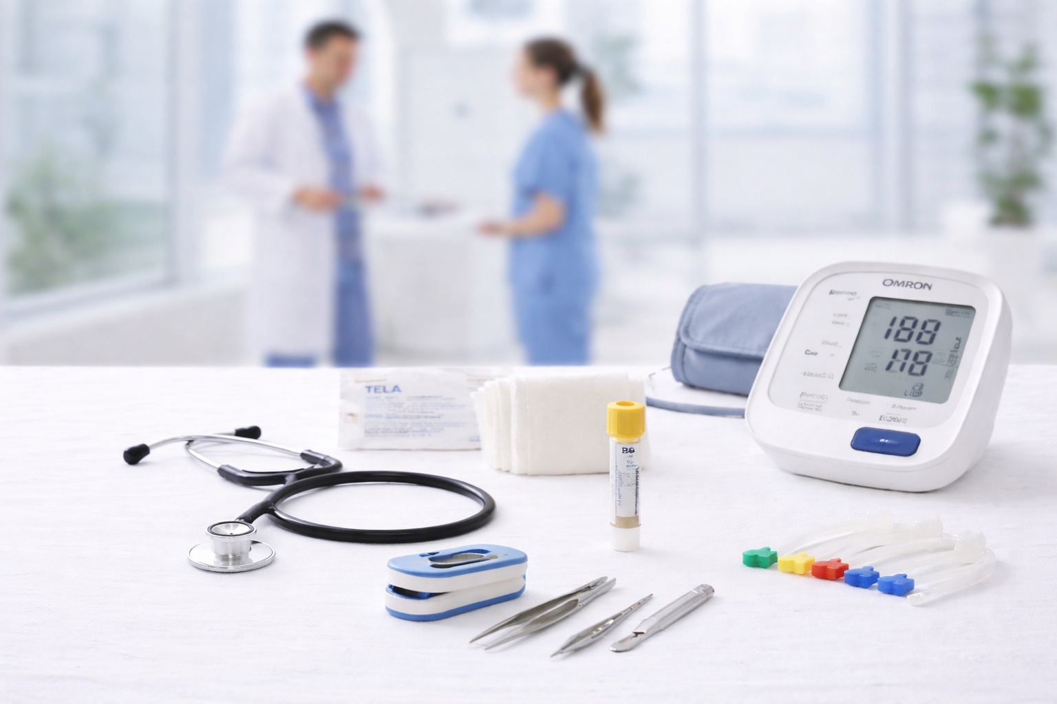 Equipamiento médico con tensiómetro, instrumental clínico e insumos de curación en entorno hospitalario