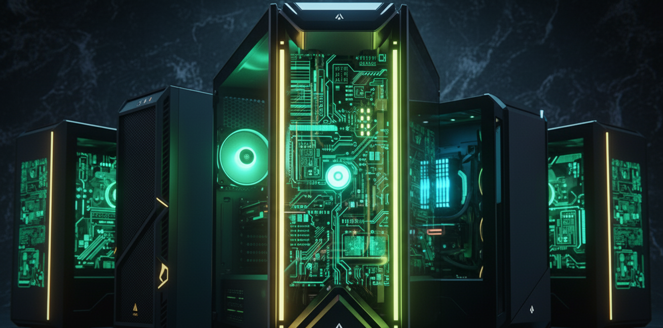 Banner superior con fondo de piedra oscura y ordenadores iluminados en verde y amarillo